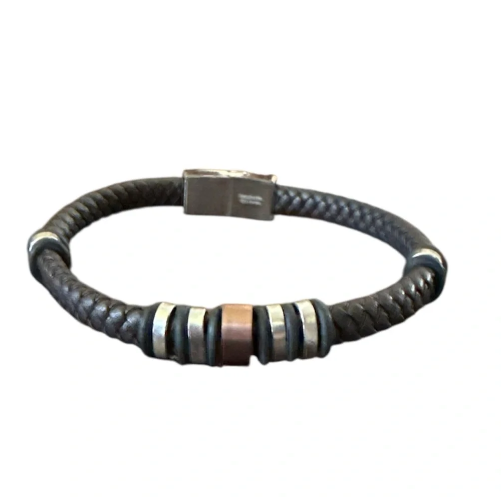 New Men’s Stainless Steel and Braided Brown Leather Bracelet